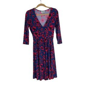 Leota Surplice Womens Size S Faux Wrap Flayer Dress V-Neck Floral Print Red/Blue